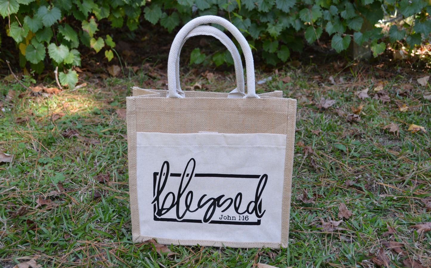 Christian Tote Bag made of burlap showcasing the word Blessed John 1:16