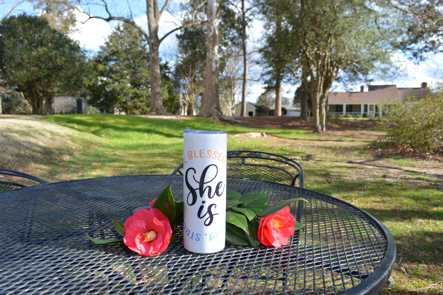 20 oz tumbler saying She Is Fearless, Blessed, Loved, Worthy, Strong. christian tumbler