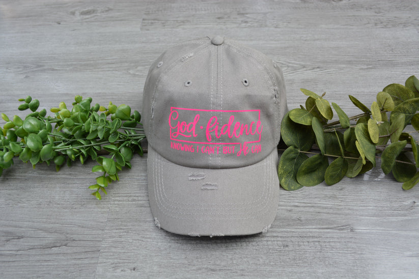 Light Grey Christian Hat saying God fidence knowing I can't but He can