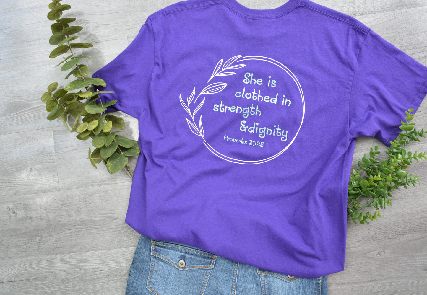Dark purple Christian graphic tees Proverbs 31:25