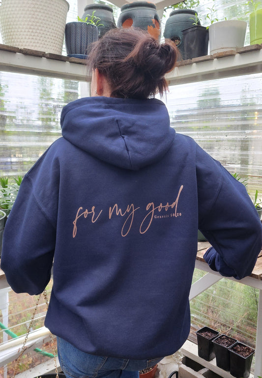 Blue Jesus Hoodie with the wording, For my good Genesis 50:20